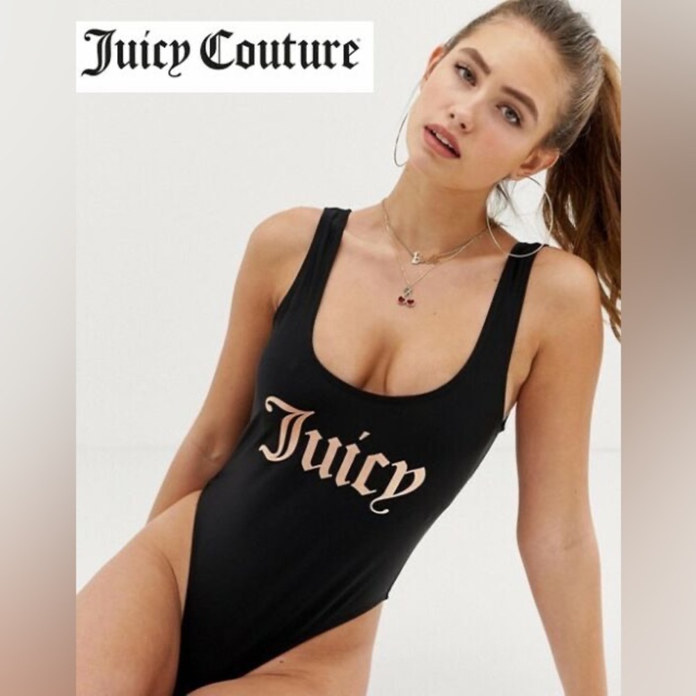 Juicy Couture Slogan Swimsuit Black and Gold